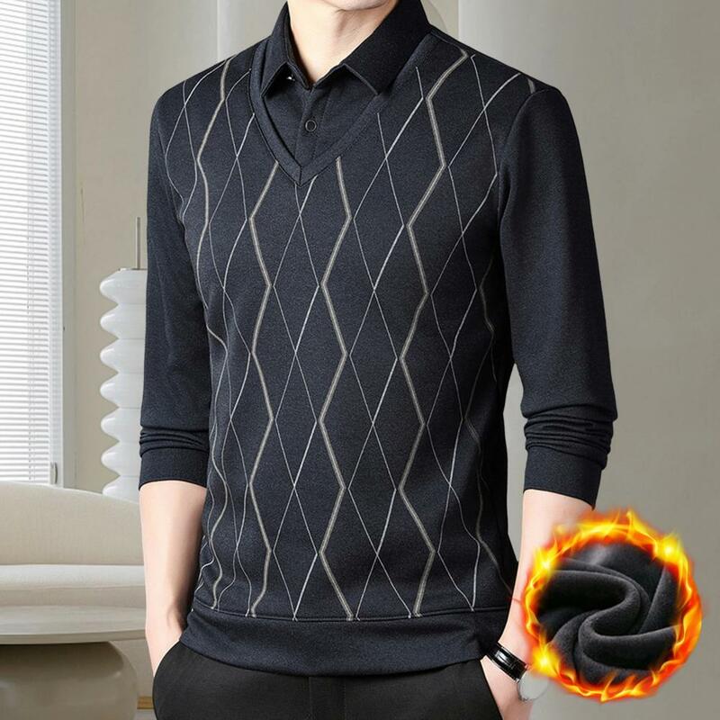 Suéter falso de dos piezas con estampado de rombos para hombre, Jersey de punto cálido, ajuste delgado para mediana edad, Otoño e Invierno