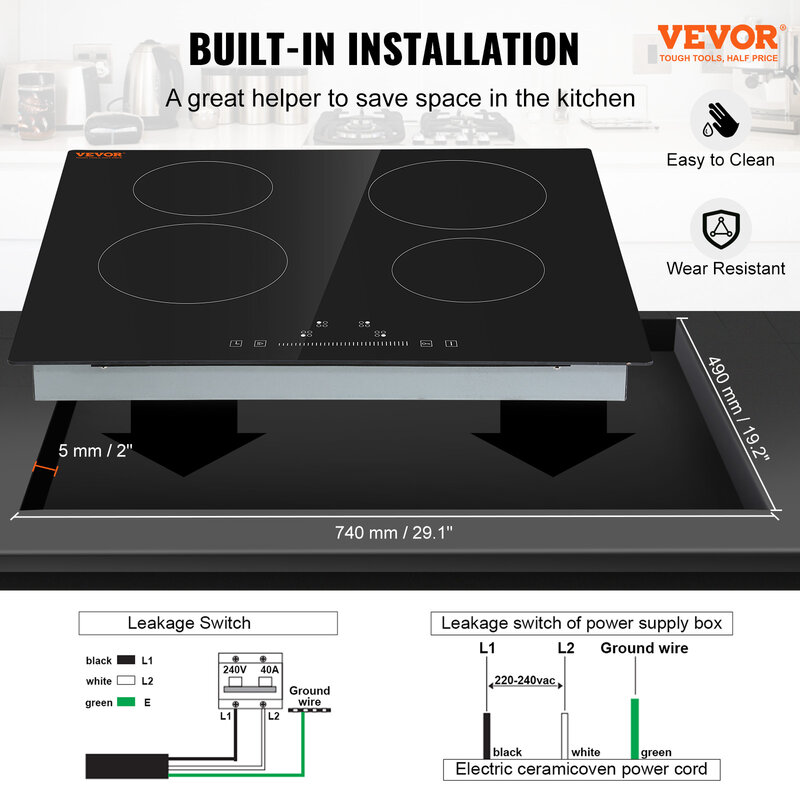 VEVOR-estufa de inducción con 2/4/5 quemadores integrados, encimera eléctrica de vidrio de cerámica, 12/24/30 pulgadas, para cocina comercial doméstica