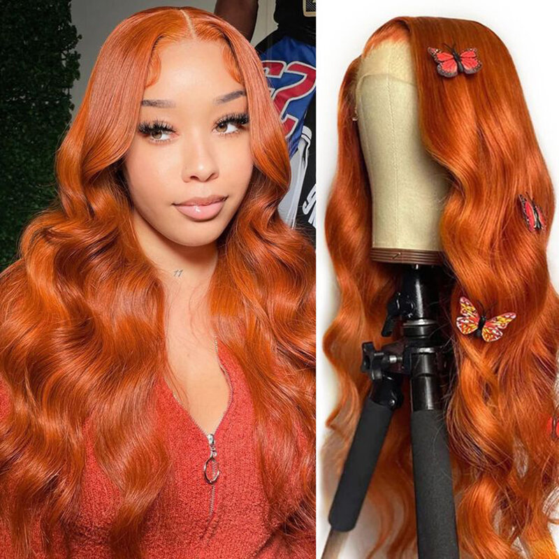 Bobbi Collection-Peluca de cabello humano ondulado con malla frontal, pelo Remy, Color naranja, transparente, predesplumada, con cierre, #350