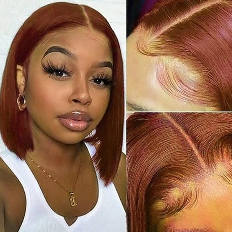 Peluca de cabello humano Marrón rojizo para mujer, postizo de encaje Frontal 13x4, corte Bob corto, 180 de densidad, n. ° 4, pelo rojo prearrancado