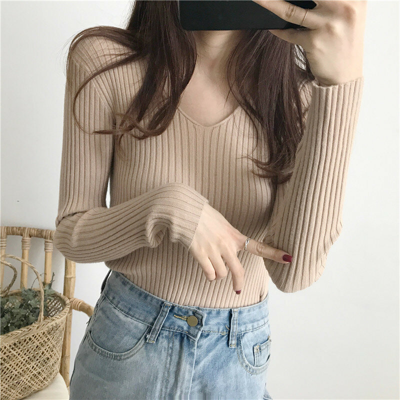 Women's Clothing Sweater Women's Pullovers Autumn Winter V-Neck Slim Fit Top Tight Long Sleeve Knitted Underlay Sweaters Jumpers