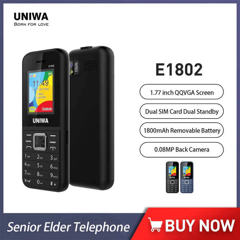 1/3/5Pcs UNIWA E1802 GSM telefon komórkowy starszy starszy telefon z przyciskiem Big Push 1.77 "Dual SIM Feature Phone 1800mAh latarka