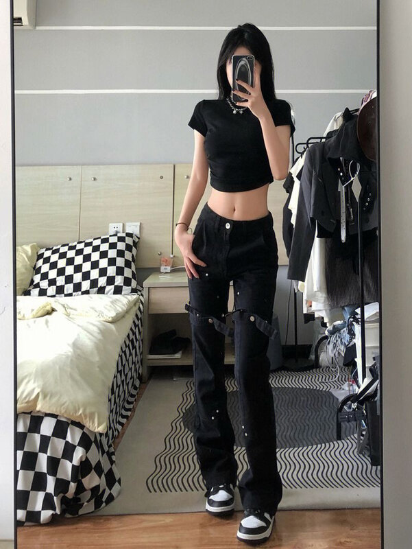 2023 New Versatile Fashion European American High Street Style Jeans bambini China-Chic Design Black Micro Horn Straight Pants