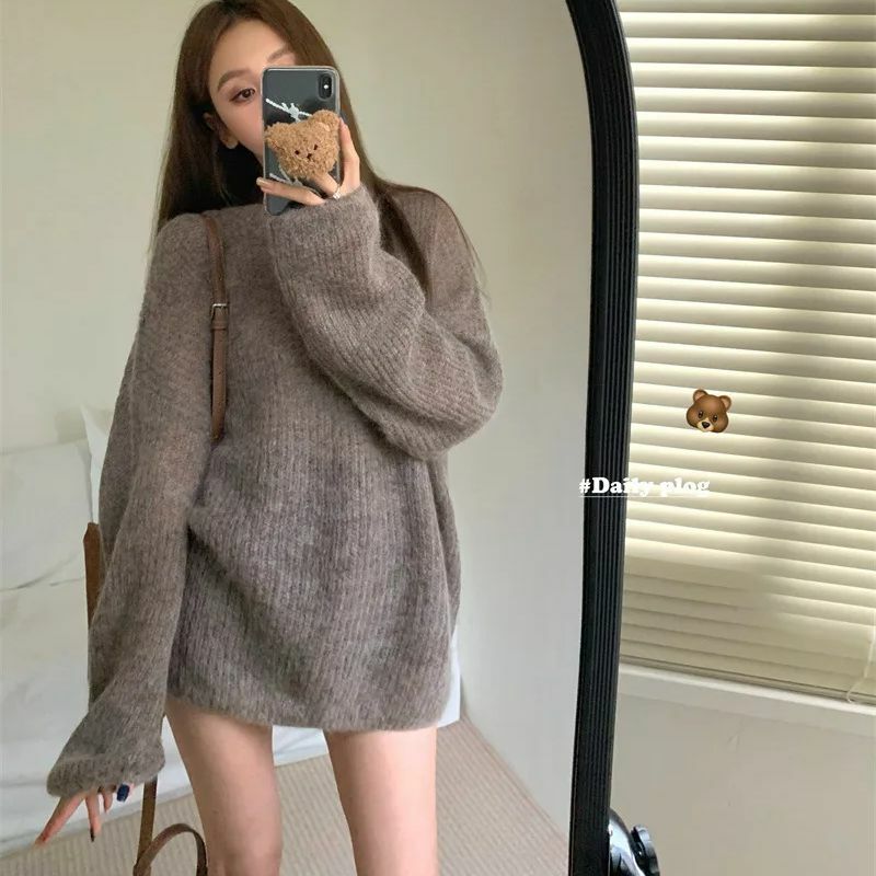 Hsa Vintage Women Solid Sweaters Autumn Winter O Neck Long Sleeve Pullovers Tops Korean Fashion Soft Oversized Knitted Sweater