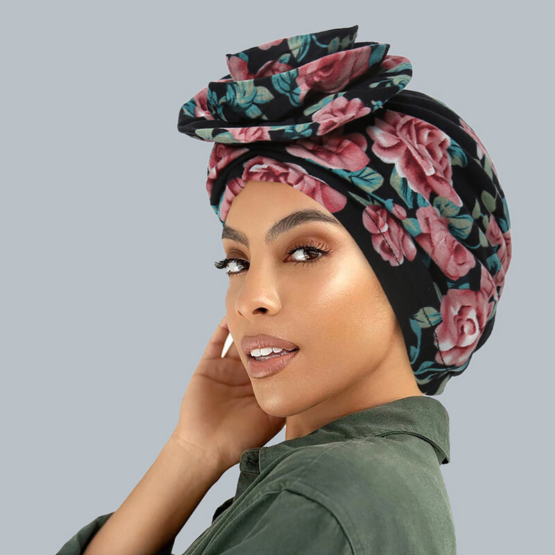 아프리카 프린트 대형 꽃 터번 모자, 이슬람 여성 패션 꽃 모자, 모든 종류의 인기있는 다기능 랩 헤드, 민족 모자