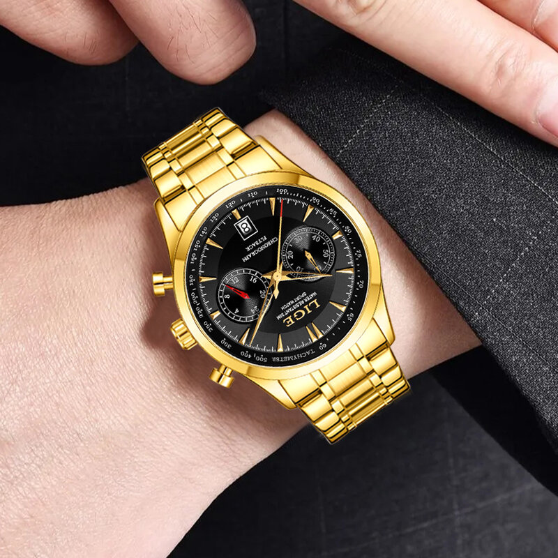 LIGE  Men‘s Watches Gold Original Quartz Wristwatch Waterproof Luminous Watch for Male Rhombus Mirror Date Big Luxury Dress