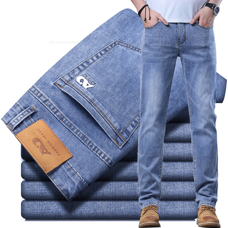 Pantalones vaqueros delgados de tela elástica para hombre, pantalones clásicos, color gris humo, azul claro, informal, elegante, primavera y verano
