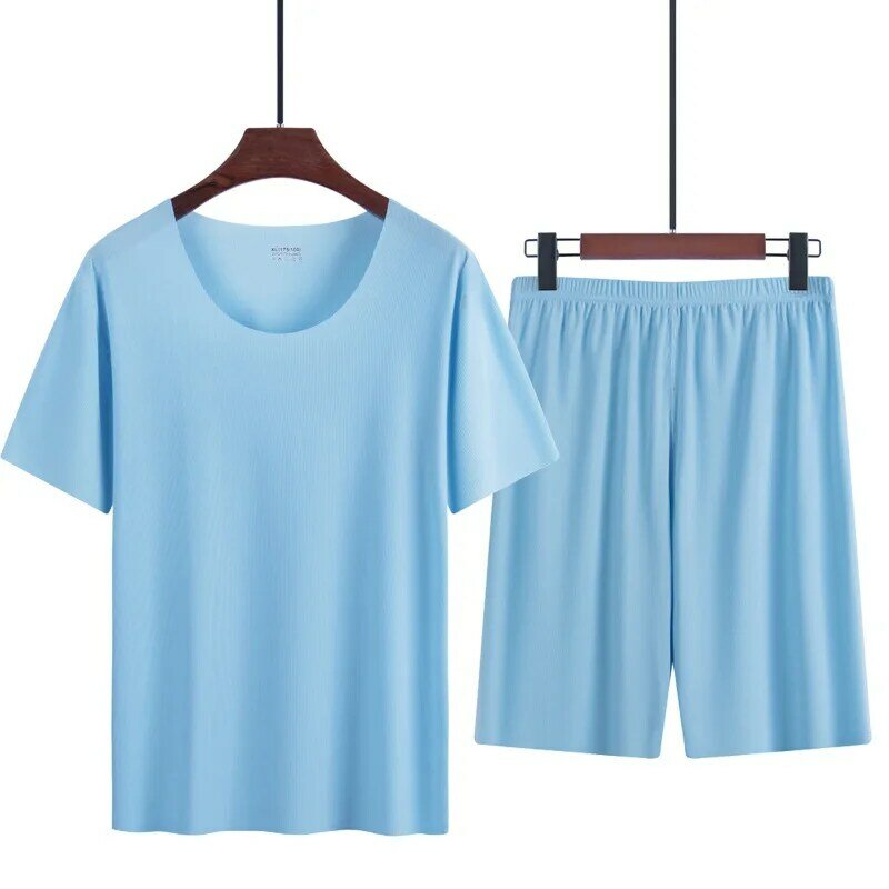 Pijamas de seda de hielo para hombre, conjunto de ropa de casa, traje de cuello redondo, ropa deportiva fina de manga corta, camiseta de verano
