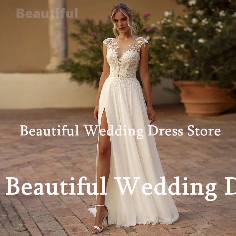 New Simple Sheer O-Neck Wedding Dress For Women Lace Appliques A-Line Chiffon Floor-Length Vestidos de novia 2024 Bridal Gown
