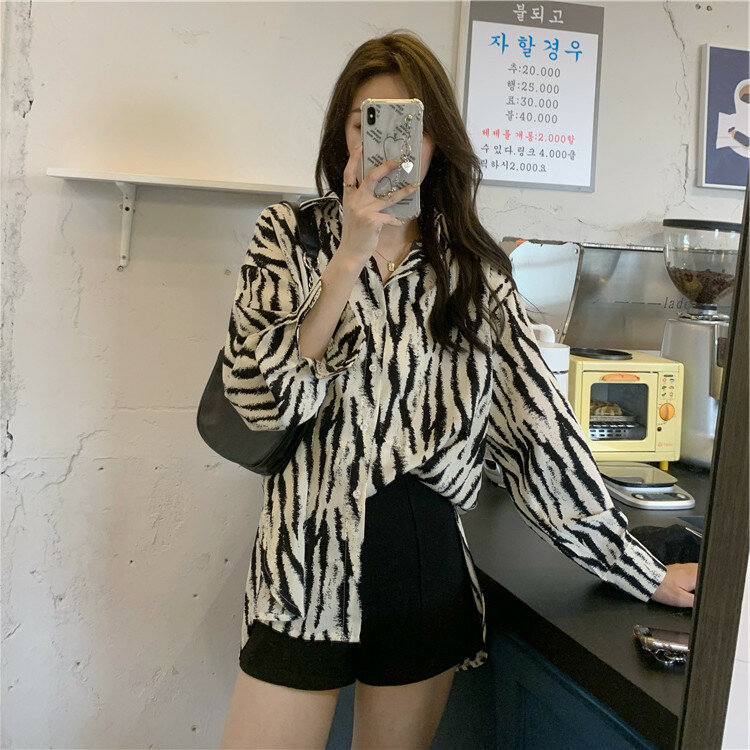Женская однобортная блузка в полоску, свободная офисная блузка с длинным рукавом и принтом зебры, 2023