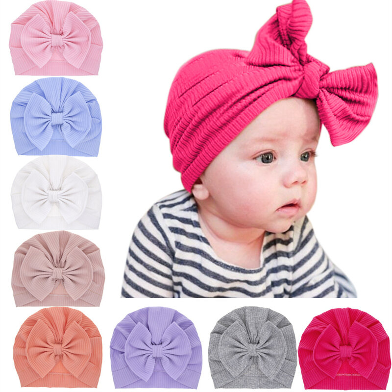 Accessori Baby Girl Cotton Turban Big Bow Hat Toddler Kids Head Wrap neonato Beanie tinta unita berretto per neonato 0-2T