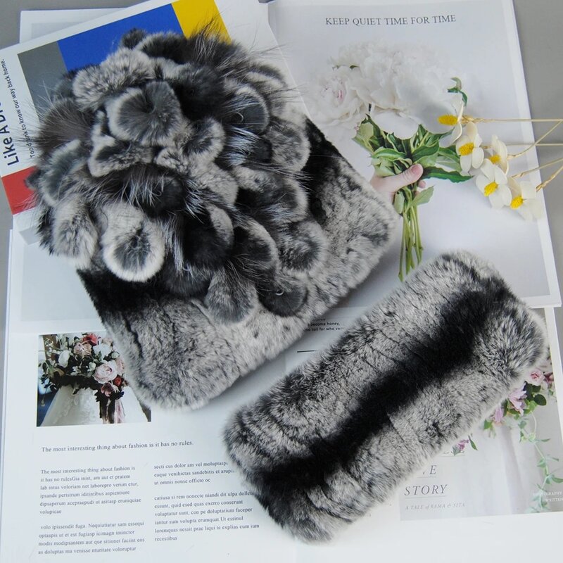 New Style Lady Knit Fur Hats Muffler 2 Pieces Women Warm Rex Rabbit Fur Hat Scarf Sets Winter Natural Rex Rabbit Fur Cap Scarves