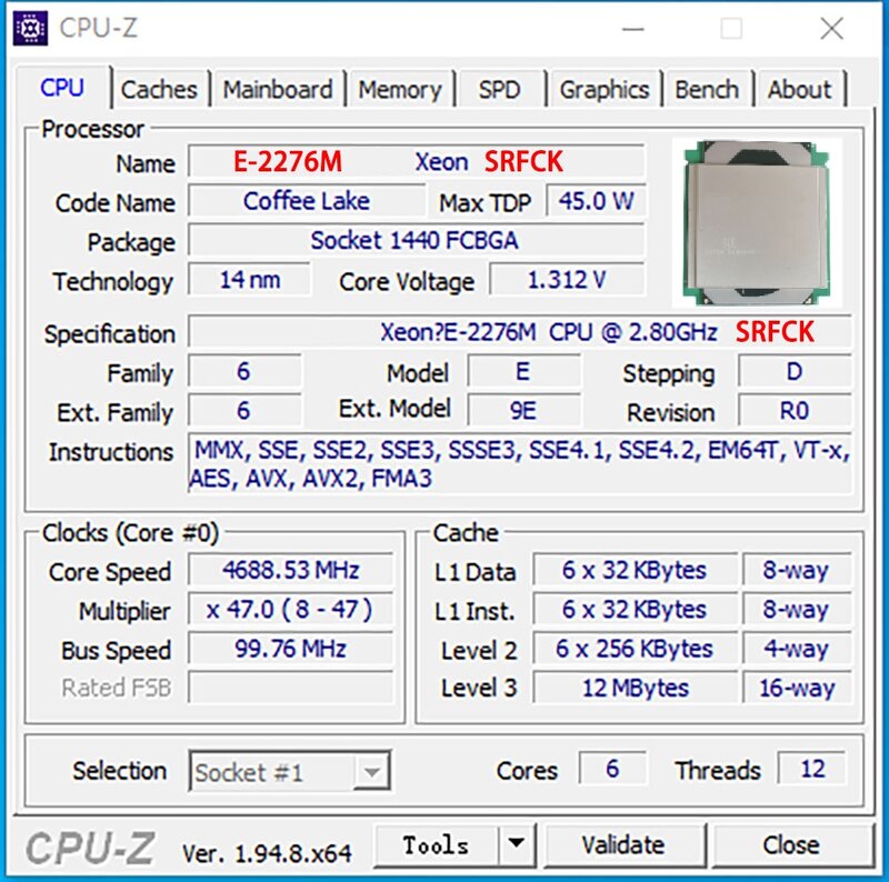 9TH COFFEE LAKE Xeon E 2276M E-2276M SRFCK MODIFIED CPU 2.8GHz 6C112T Processor