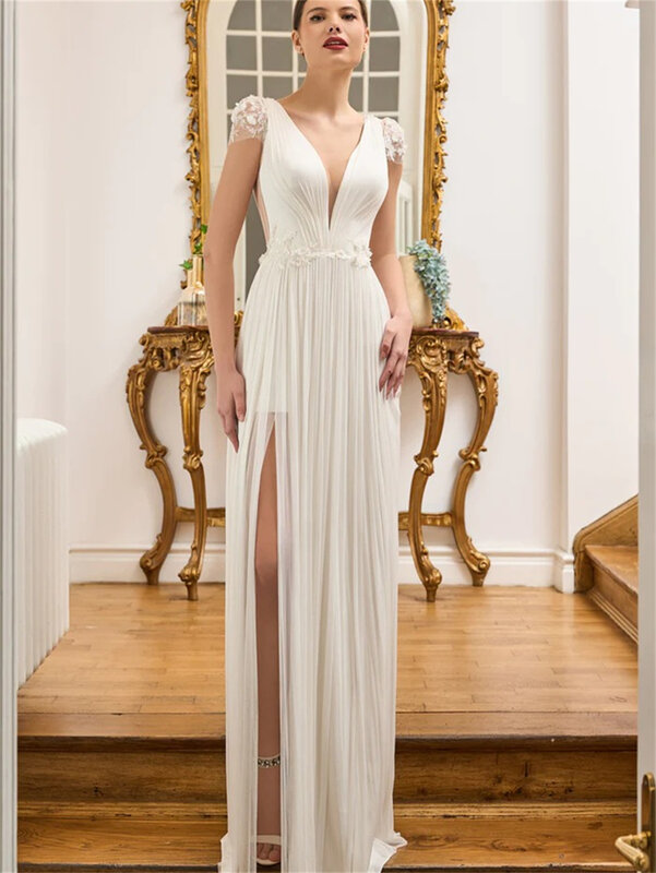 Charming Deep V Neck Dress 2024 Elegant Sleeveless A-Line Evening Dresses Sexy Side Split Floor-length Gowns Vestidos De Novia