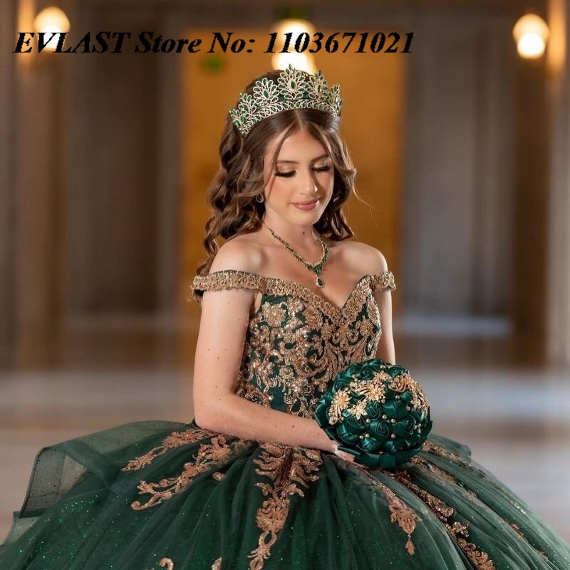 Evlast Smaragdgrün Quince anera Kleid Ballkleid Gold Spitze Applikation Perlen gestuft mit Schleife süß 16 Vestidos de XV 15 Anos sq6
