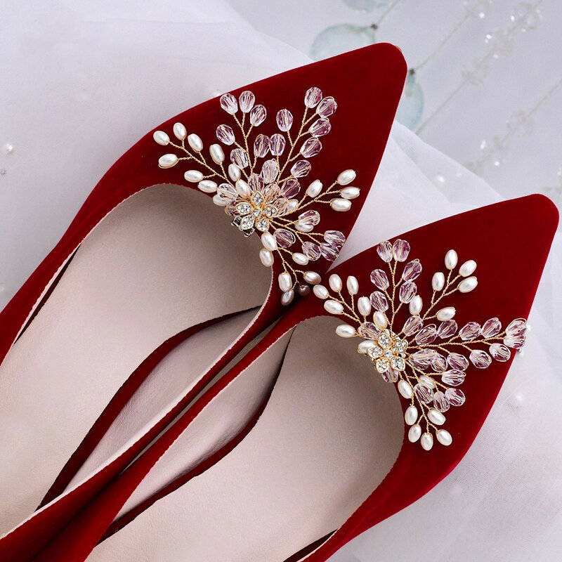 Clips de zapatos de tacón alto para novia, accesorios de decoración de diamantes de imitación, hebilla de zapatos de fiesta, joyería de moda, decoraciones de perlas, 1 par