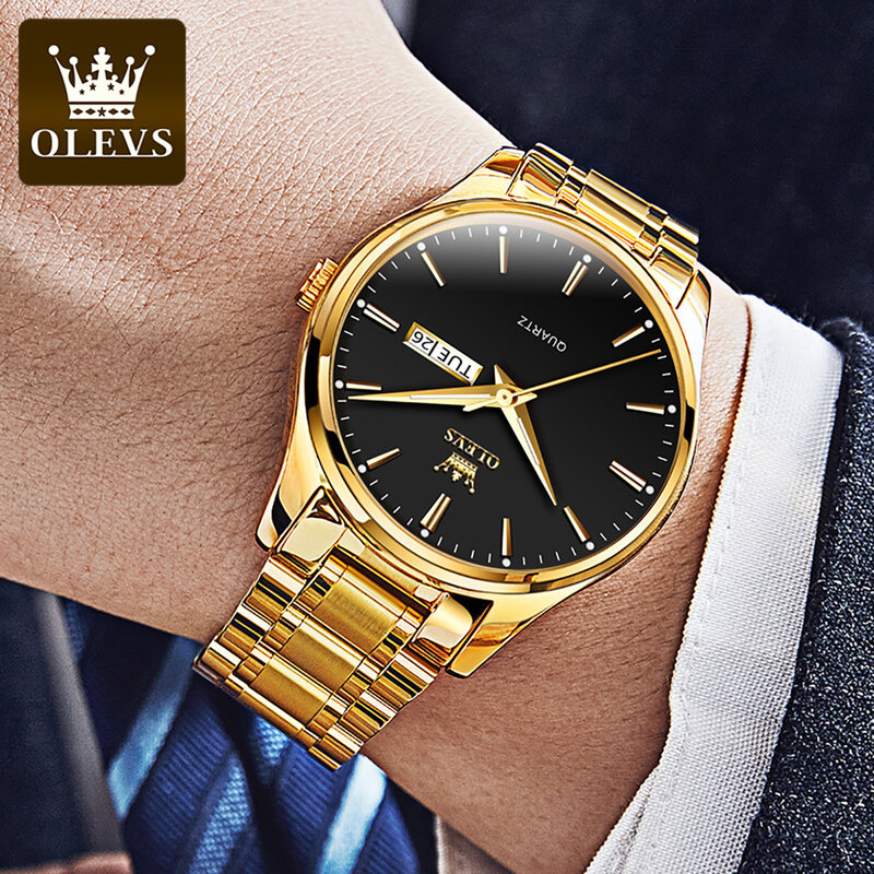 OLEVS-reloj analógico de acero inoxidable para hombre, accesorio de pulsera de cuarzo resistente al agua con calendario semanal, complemento masculino de marca de lujo disponible en color dorado