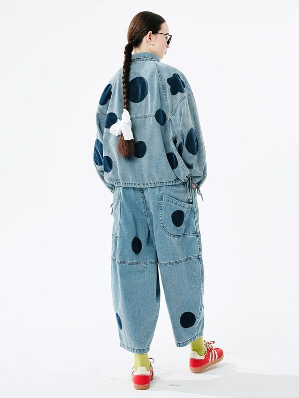 IMAKOKONI-Pantalones rectos de pierna ancha para mujer, pantalón holgado con lunares azules, cintura elástica, diseño original, 244512