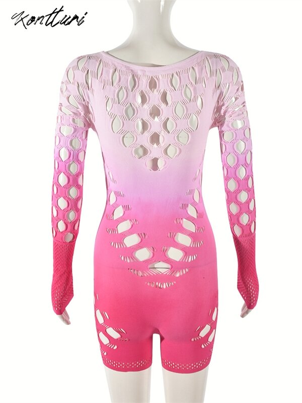 Kontturi Summer Hoolow Out Sexy Club Outfit Odzież damska 2024 O Neck Rompers Long Sleeve One Pieces Bodycon Pink Rompers Female