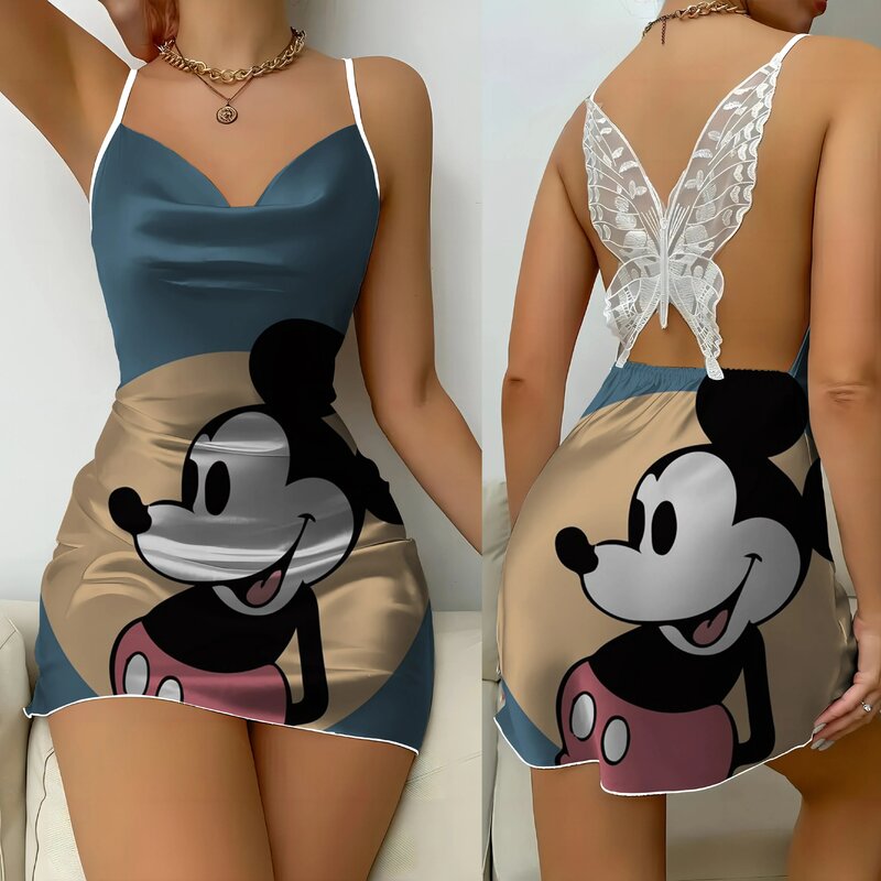 Myszka Minnie Satynowa powierzchnia Disney Moda Letnie sukienki 2024 Spódnica od piżamy Sukienka bez pleców Mickey Bow Knot Womens Party Mini Sexy
