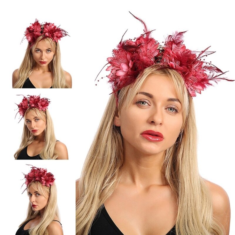 Bandeau à fleurs rouges pour femmes, accessoires de tête R7RF, bandeau de fête, cerceau à plumes de fleurs, décorations de cheveux de vacances