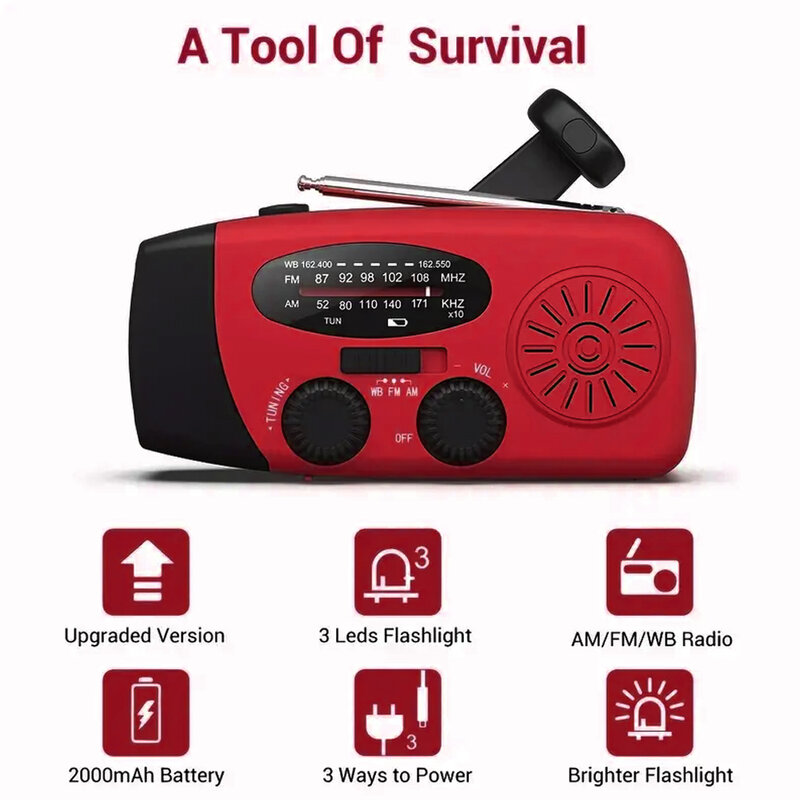 비상용 핸드 크랭크 라디오, 3 LED 손전등, 태양열 전원 USB 충전식 라디오, 실내 야외 캠핑용 기상 라디오