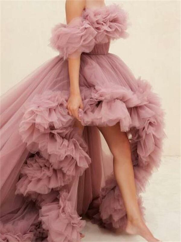 14064 # iena elegante névoa roxo maxi tule strapless camadas curto frente longa volta vestidos de festa da menina para o vestido de baile