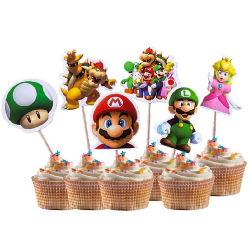 Adornos para tartas de Super Mario Bros, banderas para cupcakes de fiesta de Mario, dibujos animados para Baby Shower, decoraciones para tartas de fiesta de cumpleaños para niños, regalos, 24 piezas por juego