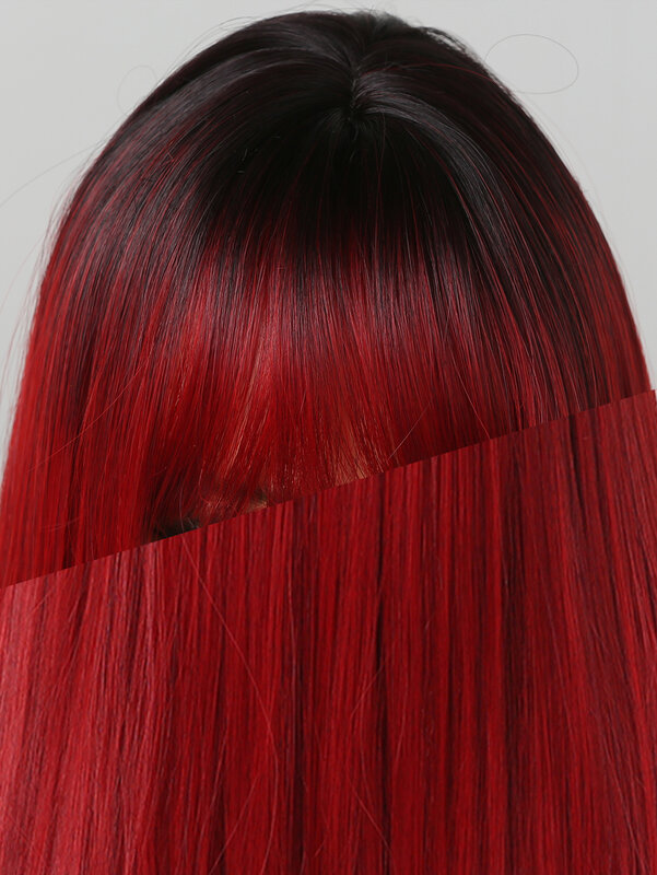 Kostka do włosów długa czarna czerwona Ombre prosta peruka syntetyczna dla kobiet czerwona peruka z grzywką na imprezę Cosplay włókno termoodporne peruka