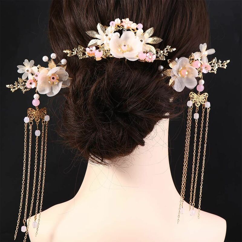 Girls Hair Jewelry Tassel Chinese Handmade Long Crystal Hair Comb Hanfu Hair Stick Earrings Headwear Sets