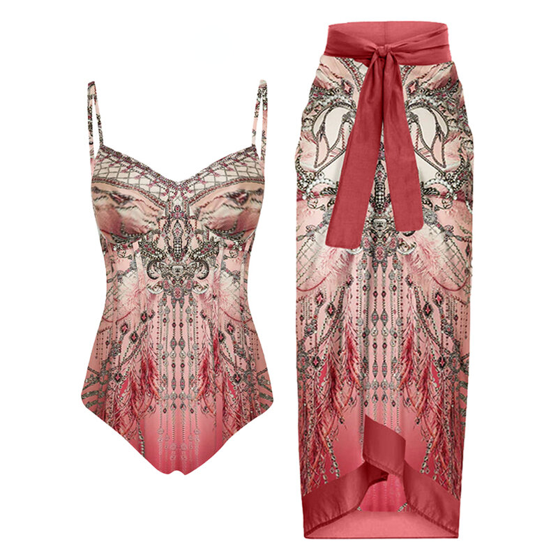 Слитный купальник с градиентным винтажным принтом и юбка, роскошный пляжный купальник с эффектом пуш-ап для женщин, модный купальный костюм, пляжная одежда 2024