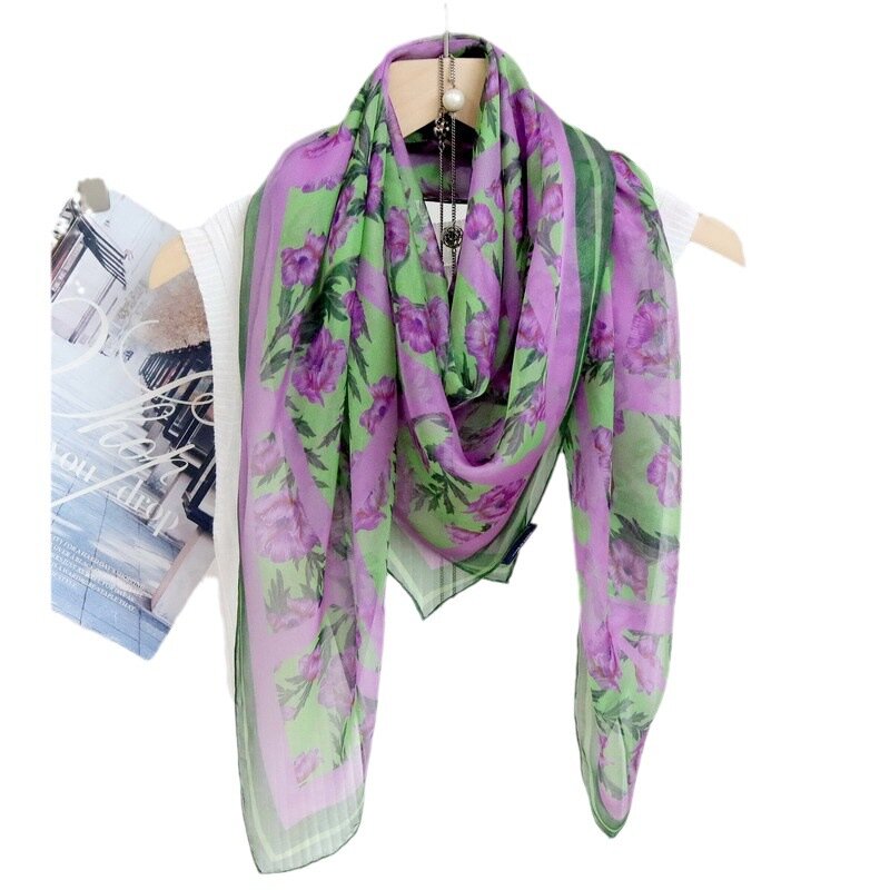 BirdTree 100%Mulberry Silk Chiffon Scarf, Fashion Floral Print, Mom's Gift Elegant Kerchief, 2024 Spring New Thin Shawl A41513QM