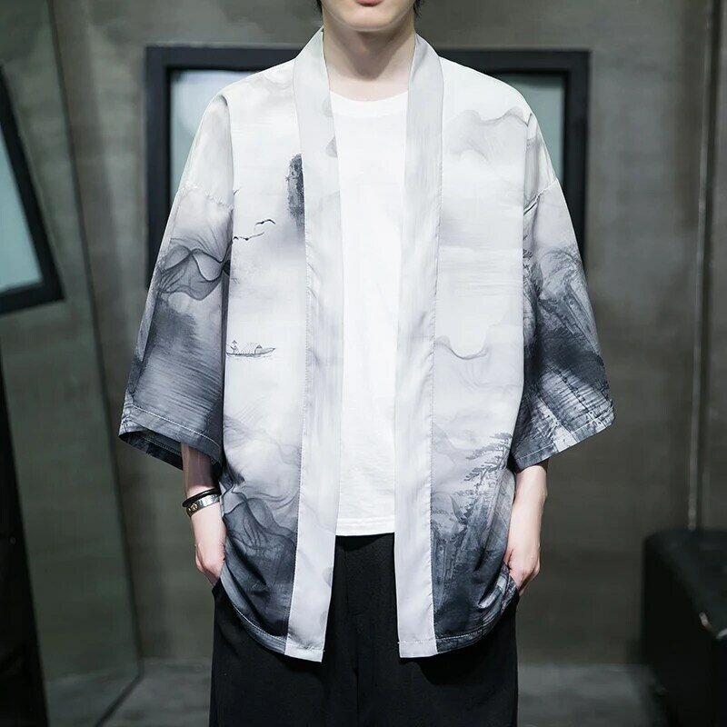 Mùa Xuân Năm 2023 Thời Trang Trang Phục Thêu Hanfu Nam Trung Quốc Phong Cách Áo Dây Áo Khoác Cardigan Ngoại Cỡ Kimono 5XL Cổ Áo Khoác Nam
