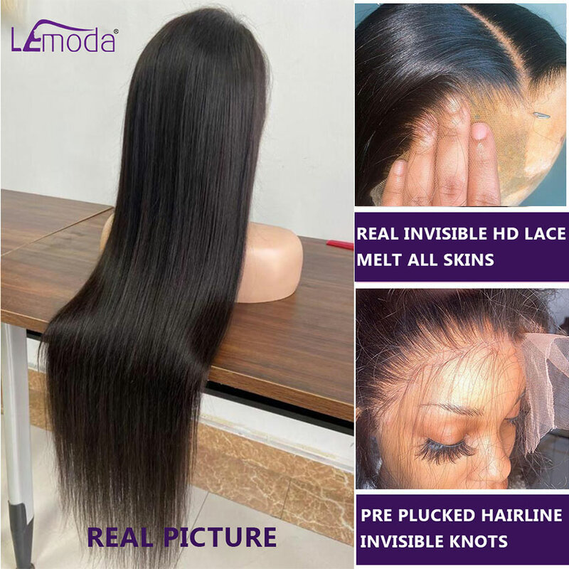 Lemoda-Peluca de cabello humano liso Remy para mujer, postizo de encaje Frontal HD de 13x6, 13x4, 34 y 32 pulgadas, transparente