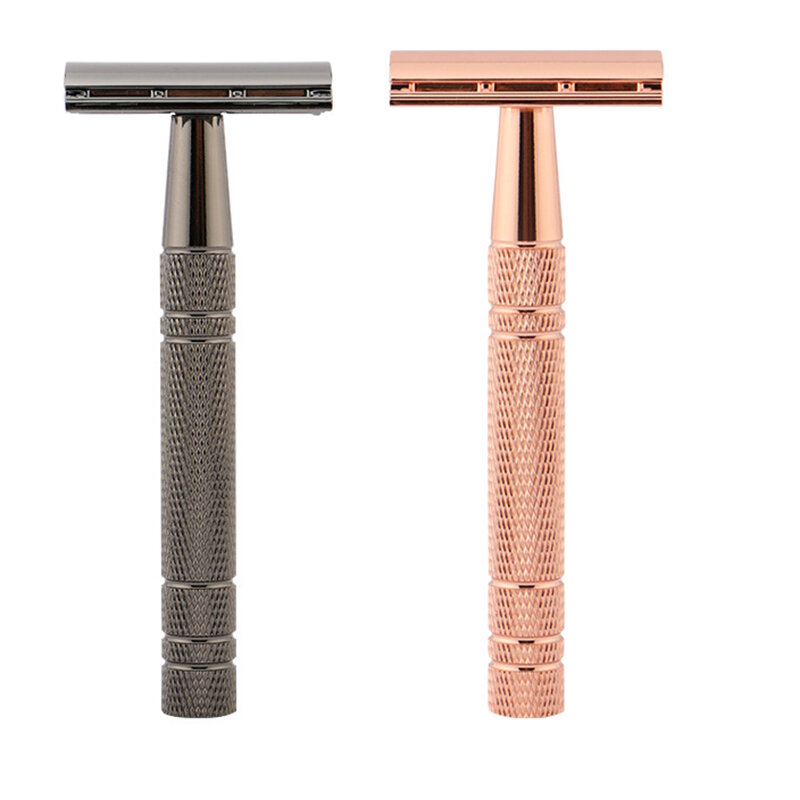 Maquinilla de afeitar clásica de doble filo para hombre y mujer, hojas de afeitado de oro rosa, afeitadora Manual de estilo Retro