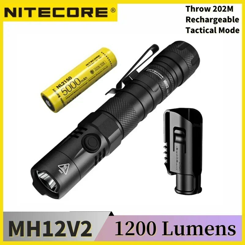 NITECORE LED USB-C 충전식 손전등, 야외 검색 토치, MH12 V2, 1200 루멘, XP-L2 V6, 5000mAh NL2150 배터리 포함