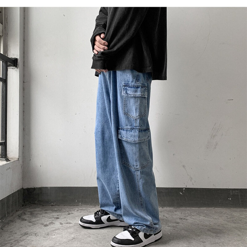 Осенние прямые джинсы в стиле ретро для мужчин, Модные свободные широкие штаны с карманами в американском уличном стиле, индивидуальные повседневные рабочие брюки