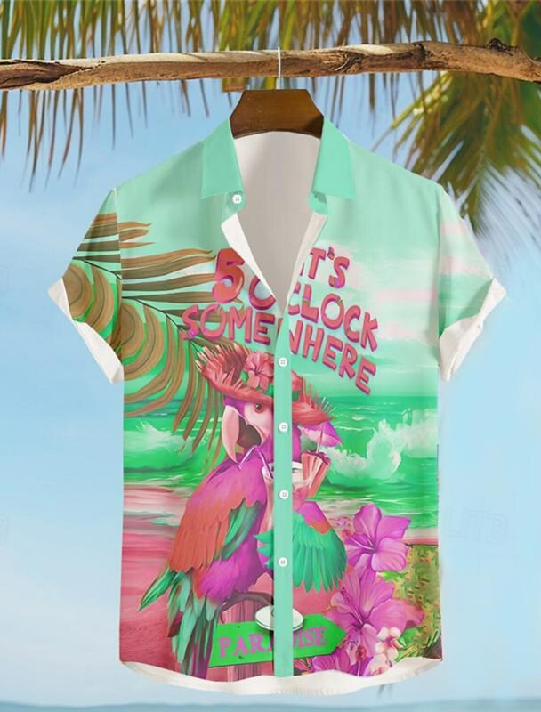 Мужская Гавайская пляжная рубашка с 3D-принтом It's 5 h, летняя пляжная рубашка на пуговицах с короткими рукавами и изображением попугаев, одежда для отпуска