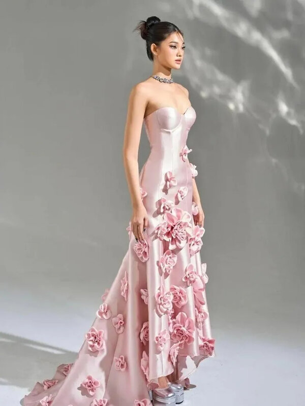 Rosa doce princesa aberta volta sereia vestido, Flor 3D, Ocasião formal, Festa de baile, Banquete vestido de noite