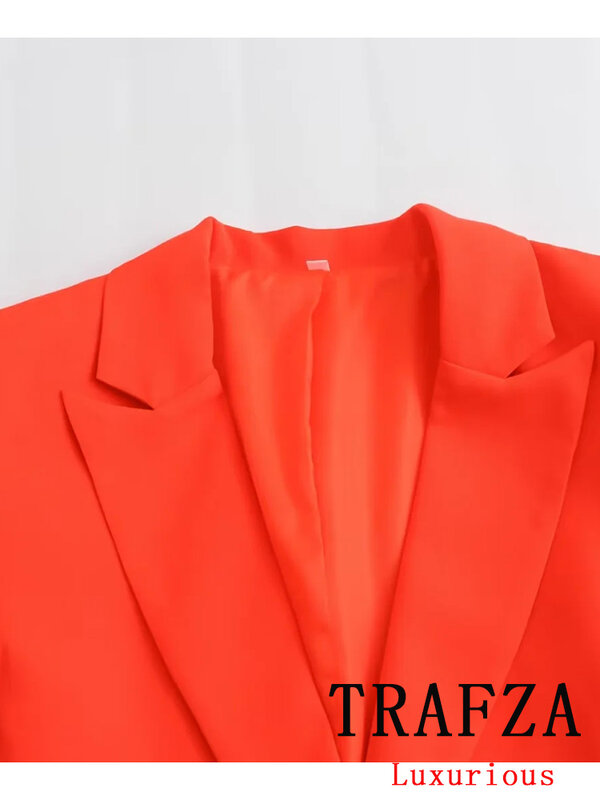 TRAFZA-Conjunto de chaqueta con bolsillos para mujer, Blazer naranja con cuello en V, chaleco de una sola botonadura, pantalones sueltos, Estilo Vintage e informal, 2024