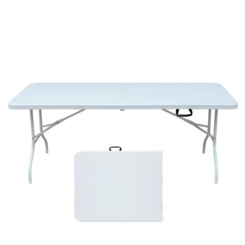 โต๊ะพับสำหรับกลางแจ้งโต๊ะ6FT แบบพกพาพับได้พร้อมที่จับมือสำหรับปิกนิกตั้งแคมป์ในสวนงานเลี้ยงอาหารค่ำโต๊ะพับกลางแจ้ง