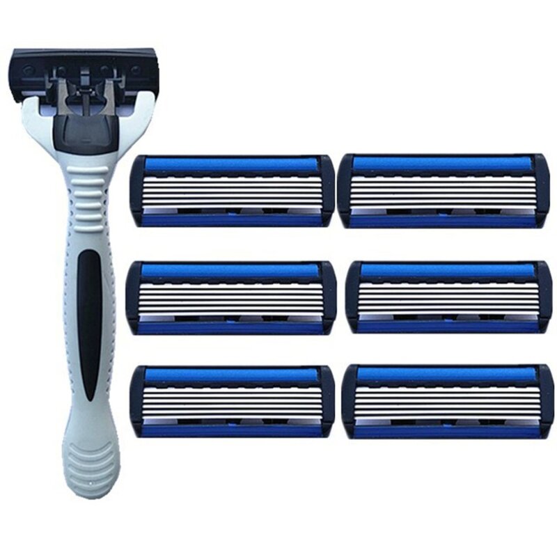(1 Holder+6 Replacement Heads) 6-Layers Blade Safety Shaver Razor For Men Barber Shaving Razor Body Face Hair Removal Tool