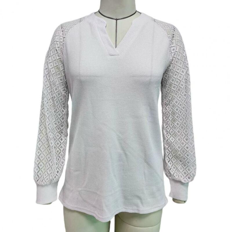 Pulôver de manga comprida com lanterna de costura renda oco feminino, blusa casual com decote em v, waffle, camiseta, tops, 2021