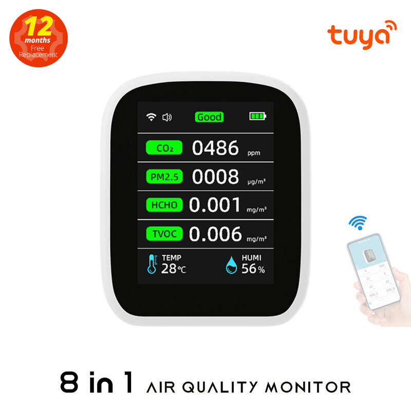 Tuya pengukur kualitas udara Wifi, 8-in-1 Monitor kualitas udara dalam ruangan Monitor CO2 portabel penguji suhu dan kelembaban