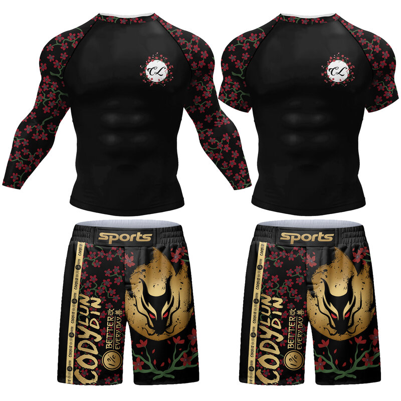 No Gi Bjj Rash Guard Conjunto de camisa e calças de compressão para homens, kit MMA Wrestling, ternos esportivos rosa, Cody Lundin, 2 peças