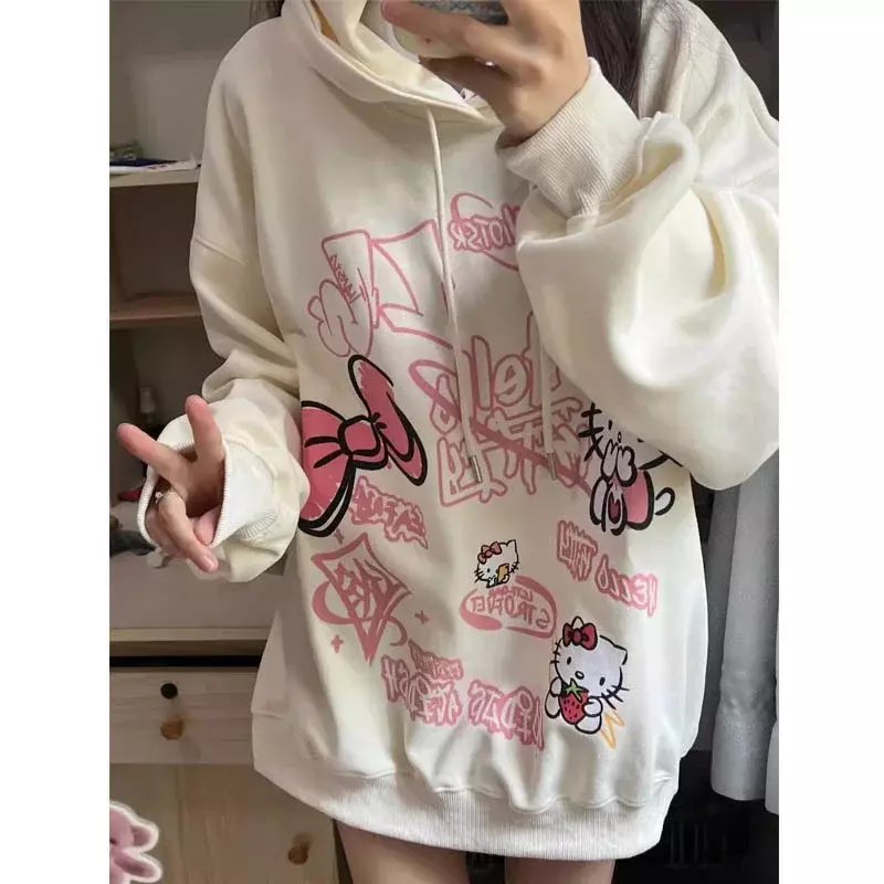 Sanrio Hello Kitty atasan motif baru bertudung Pria Wanita musim gugur musim dingin estetika longgar kaus Y2k lucu pullover Fashion pakaian