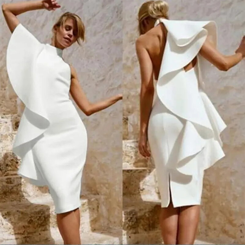Abiti da Cocktail bianchi con collo alto arabo Sexy fessura al ginocchio lunghezza 2024 moda Ruffles guaina abiti da ballo da sera abito corto da festa