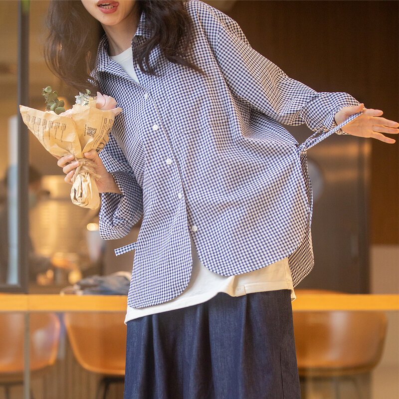 Maden Blue and White Casual Plaid Shirts for Women Loose Classic Long Sleeve Lapel Shirt Jacket Female Blouses Tops