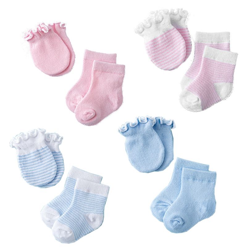 Newborn Mitten Sock Set of 4 Pairs (0-6 Months) Baby-blue/Baby-Pink To Choose