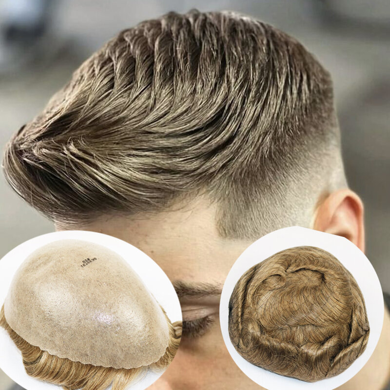 Супер ультра человеческие волосы мужские Toupees Платиновые светлые европейские полные полиуретановые сверхпрочные тонкие волосы 0,06 мм-0,08 мм Система V-образной петли